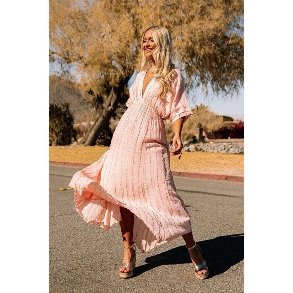 En Creme Dolman Sleeve Maxi Dress Coral Pink and Gold Stripes Boho Size Medium
